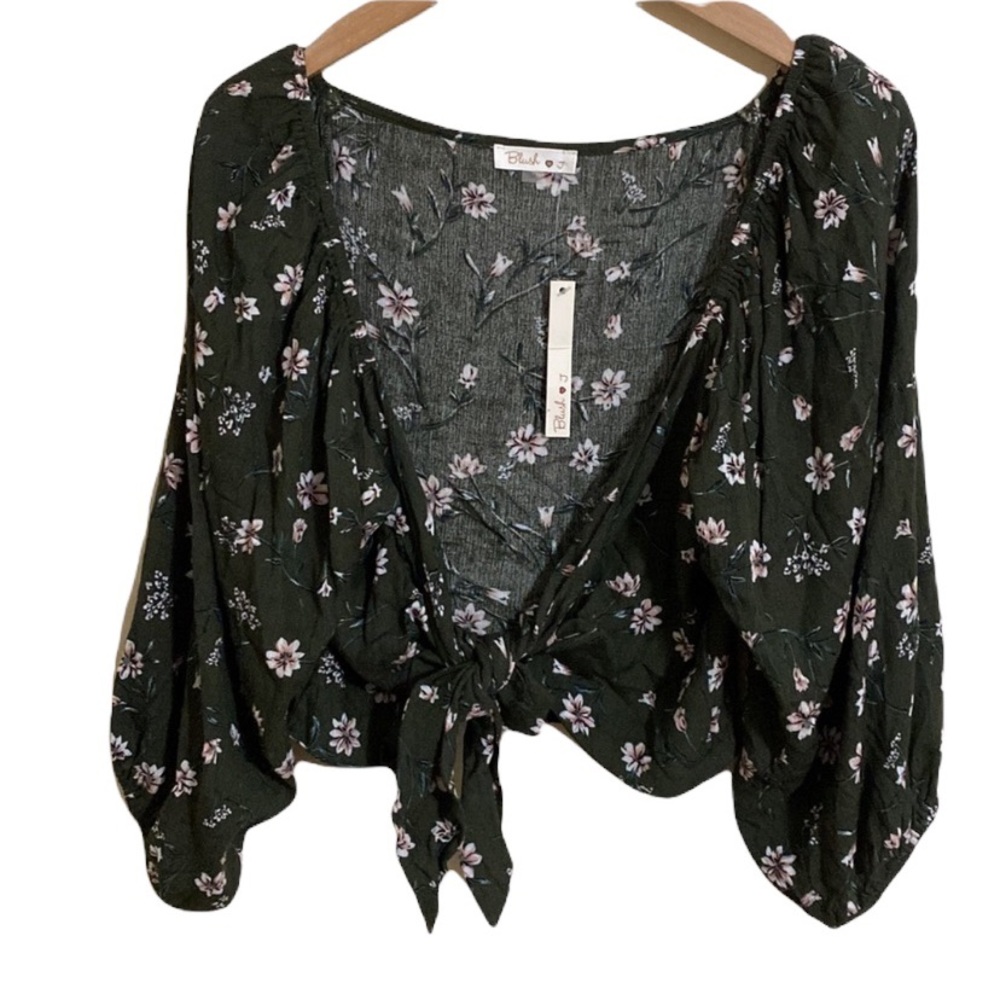 Blush Tie Front Floral Print Cropped Top With Balloon Sleeves